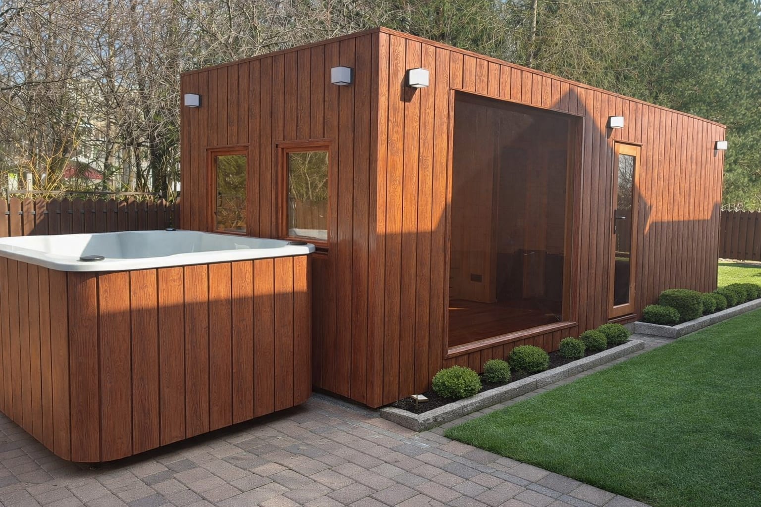 Venkovní sauna a vířivka v realizovaném projektu zákazníka